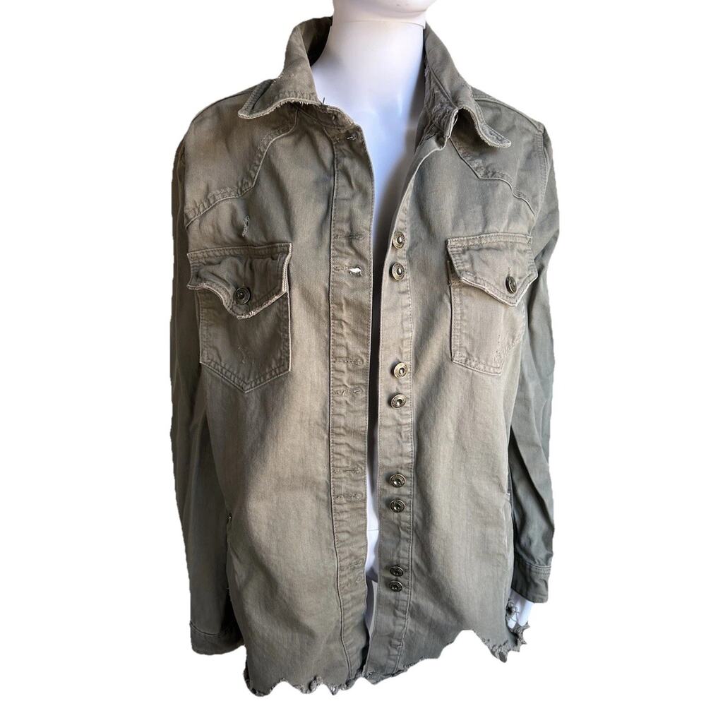 Free People Distressed Utility Shirt Jacket Womens M Olive Raw Hem Military
